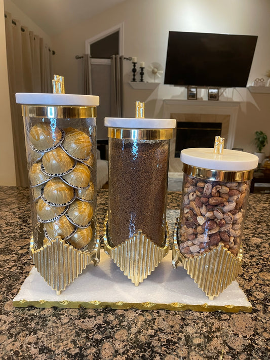 Glass Canister with Marble Lid and Gold Diamond Design